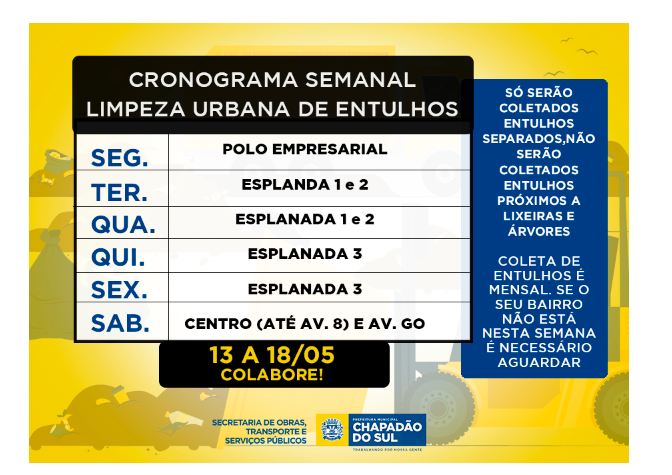 Imagem de compartilhamento para o artigo Veja o cronograma de limpeza urbana semanal de Chapadão do Sul e descarte entulhos da MS Todo dia